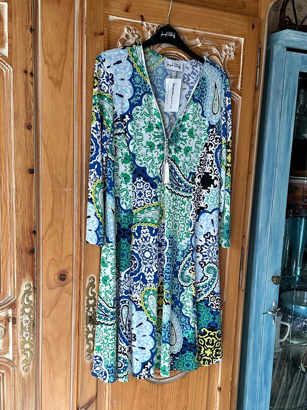 Joseph Ribkoff Blue & Green Paisley V-Neck Dress